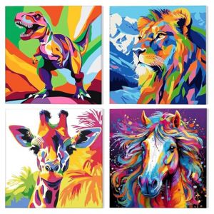 NAIMOER 4 Pièces Cadre Peinture par Numero Animaux Adulte Enfants, 8-12 ans Digital Painting by Numbers, Pinceaux et Peintures Acryliques Cadeaux 20x20cm(Dinosaures, Chevaux, Girafe, Tigre) (NAIMOER, neuf)