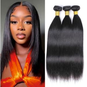 Human Hair Bundles Straight Bundles Human Hair 10 12 14 Inch 10A Brazilian Hair Bundles Human Hair 100% Unprocessed Virgin 3 Bundles Human Hair Weave Bundles Human Hair Extensions Natural Color (deme hair, neuf)