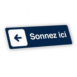 Plaque signalétique gravée autocollante Sonnez ici flèche gauche - bleu foncé - format 12x3,7 cm (my-goodprice, neuf)