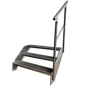 Premium Caillebotis acier Escalier &agrave; limon 3 Marches Enti&egrave;rement galvanis&eacute; avec garde-corps &agrave; droite - Dimensions (L x l x H) 63cm x 140cm x 57cm (DF-Shopping GmbH, neuf)