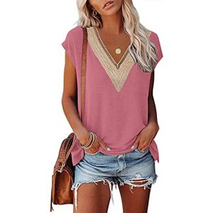 GRMLRPT Chemise Femme D'Été Élégant Chemisiers Découpes Col en V Manches Courtes Casual T-Shirt Mode Épaules Dénudées Shirt Blouse Couleur Unie Ample Casual Hauts Tops Tunique(Rose,S) (HEERDE-EU, neuf)