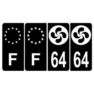HADEXIA Lot de 4 Autocollant Sticker Plaque d’immatriculation 64 Logo Croix Basque Noir & F Europe (Digital Sticker, neuf)