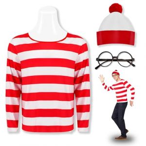 Feeziloe Ensemble de d&eacute;guisement pour homme O&ugrave; est Charlie, d&eacute;bardeur, chapeau haut-de-forme, lunettes, chaussettes, d&eacute;guisement rouge et blanc, d&eacute;guisement frais pour la Journ&eacute;e mondiale du livre (Feeziloe, neuf)