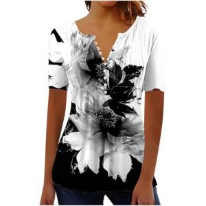 Chemisier Femme Chic et Élégant Manches Courtes Tshirt Chemisiers Et Blouses Grande Taille Imprimé Plissé Henley Tunique Tops Col V Blouse de Soie Boheme Haut Tunique Été Tee Shirt Femmes Solde (⭐⭐⭐⭐⭐AEGJEGVD(5-15 jours Arrivé), neuf)