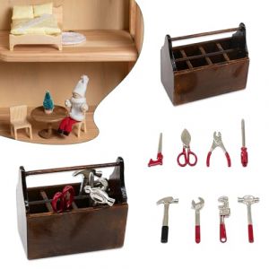 RYAN 1 Pièce Miniature Caisse à Outils 1:12 Boite a Outil Enfant avec 8 Outils Métalliques Différents Accessoires de Maison de Poupée en Bois Modèle Cadeau d'anniversaire pour Enfants (FRLENGG, neuf)
