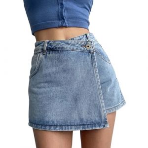 jupe short en jeans femme grande taille asymetrique short 2 en 1 femme jean taille haute large Bermuda Ete Habill&eacute; chic D&eacute;contract&eacute;s Baggy Vetemnet Mode Randonn&eacute;e Jogging Pantalon Court (Blue, L) (XNme SW, neuf)