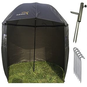 NECO 15021 Parapluie de pêche, diamètre 220 cm, cape, support parasol, piquets, protection pluie, vent, UV, 2 hommes, bagages carpe, étui gratuit (MULTISHOP_24H, neuf)