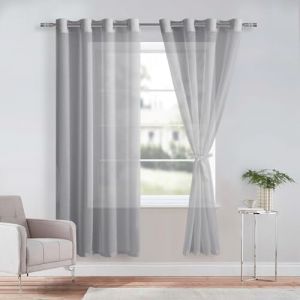 DWCN Lot de 2 Rideaux Voilages à Oeillets pour Fenêtre, Rideau Transparents avec Embrasses pour Salon Chambre d'enfant, Gris, 140x183cm (Largeur x Hauteur) (DWCN EU, neuf)