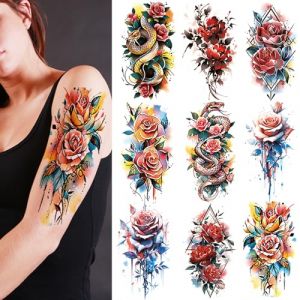 9 Fleurs Tatouage Temporaire, Aquarelle Rose Serpent Tatouage Autocollant, Tatouage De Fleur Durable, Maquillage Corps Art ImperméAble Faux Tatouage Pour Femme MâLe Fille Demi - Bras Tatouage (Aivoch Direct, neuf)