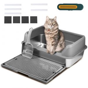 Litiere pour Chat Acier Inoxydable, Bac Litiere pour Chat avec Pelle et Boîte de Désodorisant, Forme de U Toilette, Amovibles, Étanche Facile à Nettoyer Caisse pour Ch-at Litiere,50 * 35 * 28cm (CMYTFOS LIMITED, neuf)