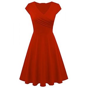 YMING Femme Robe Patineuse &eacute;l&eacute;gante Robe Longueur Genou D&eacute;contract&eacute;e Robe &agrave; Manches Courtes Rouge XL (PING COOL, neuf)