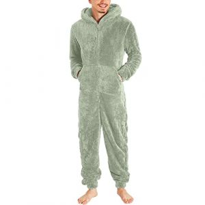 YOSUWOAI Combinaison en polaire pour homme - Pyjama une pi&egrave;ce moelleux et doux - Combinaison douillette et chaude - Pyjama confortable - Pyjama d'hiver long avec capuche, O vert menthe, M (LDeianp, neuf)