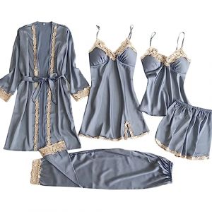 G&eacute;n&eacute;rique 5 Pi&egrave;ces Femme Sexy Chic Ensemble De V&ecirc;tements De Nuit en Satin Nuisette Dentelle Cami Chemise De Pyjama, Feminin Sensuelle Peignoir de Soie Chemisette De Nuit Ensemble De Lingerie (qieycgd, neuf)