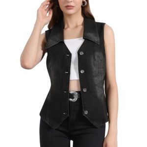 Allegra K Gilet en Jean femme Blouson sans Manches en Denim D&eacute;lav&eacute; Veste Bouonn&eacute; &agrave; Col en V Noir XS (Allegra K FASHION, neuf)