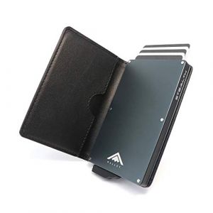 Stealth Wallet Porte Carte Bancaire RFID pour Homme - Porte-Cartes De Cr&eacute;dit avec M&eacute;canisme Pop Up et Bo&icirc;te Cadeau - Portefeuilles de Cr&eacute;dit Aluminium Minces (Aluminium Gris, Cuir Noir) (ETK Limited, neuf)
