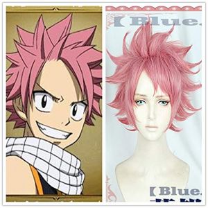 Perruque de cosplay Anime Fairy Tail Cosplay Natsu Dragneel Perruque courte moelleuse en couches Unisexe Rose Perruque de fête d'Halloween (GUANBAIJI1982, neuf)