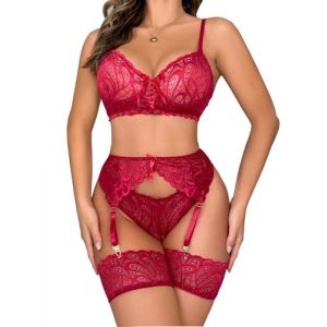YCAngela Ensemble sous-Vêtement Femme avec Porte-Jarretelle, Ensemble Soutien-Gorge et Culotte en Dentelle 4 Pièces Lingerie Sexy Femme Coquine Hot Rouge Vin XL (YCAngela, neuf)