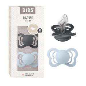 T&eacute;tine BIBS Couture. Lot de 2 sucettes. Sans bisph&eacute;nol A, T&eacute;terelle anatomique. Silicone, Taille 2 (6-18 mois), Iron/Baby Blue (BIBS World, neuf)