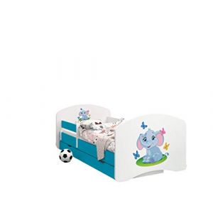 Happy Babies - LIT D'ENFANT DOUBLE FACE AVEC TIROIR Design Moderne Avec Bords S&ucirc;rs et Matelas en Mousse Antichute 7 cm Bleu (Elefant, 140x70) (EuroTrip, neuf)