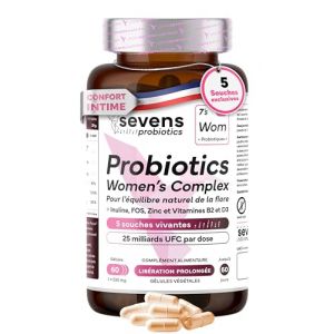 Probiotique Flore Intime - Pour Infections R&eacute;currentes - &Eacute;quilibre flore vaginale - 25 Milliards UFC - Lactobacillus Gasseri, Reuteri, Rhamnosus, Pr&eacute;biotiques, Zinc et Vitamines - 60 Capsules (SEVENS NUTRITION, neuf)
