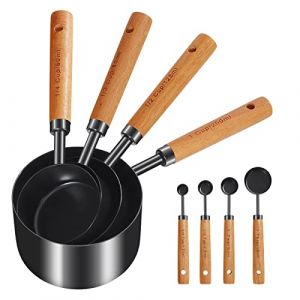 Cuteefun Ensemble de 8 Cuill&egrave;Res et Tasses &agrave; Mesurer, Manche en Bois, avec Mesures M&eacute;triques et Am&eacute;ricaines, Acier Inoxydable, Finition Polie Noir, Tasse &agrave; Mesurer S&egrave;che et Liquide, pour P&acirc;tisserie (WangChuan-HT, neuf)