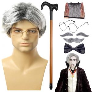 Ensemble de perruques de vieil homme, cosplay de vieil homme,8 pièces/ensemble perruque à sourcils artificiels, lunettes, perruque pour hommes - Lunettes de canne, faux sourcils, moustache, nœud papil (yanguo, neuf)