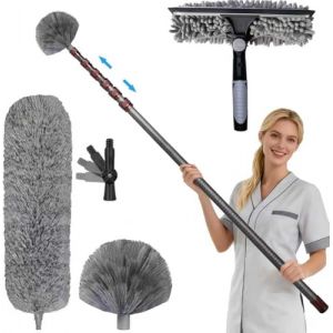 Tete de Loup Telescopique 3,9m, Telescopique Plumeau avec Manche en Fibre de Carbone de 1,5 &agrave; 3,9m, Comprend Tete de Loup pour Plafonds et Coins, Plumeau Anti-Toiles d&rsquo;Araign&eacute;e, Raclette de Fen&ecirc;tre (HongYuFanuk, neuf)