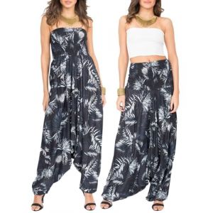 likemary Combinaison Femmes - Se Transforme en Pantalon Harem à Taille élastique - Combinaison Sarouel en Coton Taille Unique Convertible en Pantalons Harem d’été Avec Poches - Tenue 2-en-1 - Feuilles (likemary, neuf)