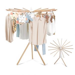VANCHEMO Séchoir à linge à trois pieds peu encombrant pliable en bois 119 x 110 cm - Support de séchage intérieur - Séchoir à linge de sol - Idéal pour balcon, chambre à coucher, maison (MINGZHENG, neuf)