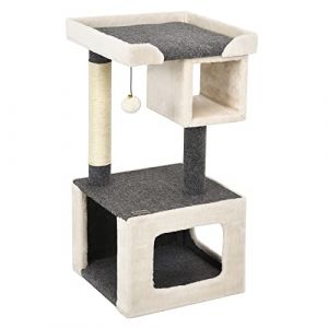 COSTWAY Arbre &agrave; Chat 80 CM, Aire de Jeu d'Int&eacute;rieur pour Chatons avec 2 Niches, Poteau en Sisal et Balle en Peluche, pour Jeux et Repos des Chats, Charge Max 15KG, Blanc et Gris (FDS GmbH, neuf)