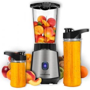 LEHMANN Blender Mixeur Smoothie 1200W, Mini Blender 1L avec 2 Bouteilles BPA-Free Portables de 570 ml et 400 ml pour Jus, Smoothies et Milkshake, Facile à Nettoyer, Système à 4 Lames (KT-24, neuf)