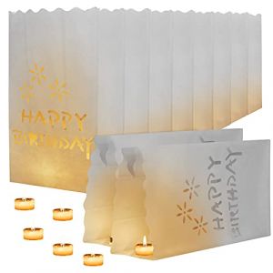 Kurtzy Photophore Bougie en Papier Blanc (Lot de 10) - Lanterne Papier Lumineux Résistant à la Flamme avec Happy Birthday - pour Bougies et Lampes LED/sans Flamme - Décoration Intérieure/Extérieure (Tinyyo Europe, neuf)