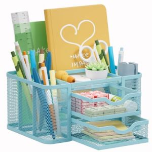 Marbrasse Organisateur de Bureau en Tiroirs,5 Compartiments Organiseur avec 2 Tiroirs,Porte-Stylos Multifonctionnel,Organisateur de Bureau Accessoires pour Maison,Bureau Fournitures (Bleu) (Marbrasse shop, neuf)