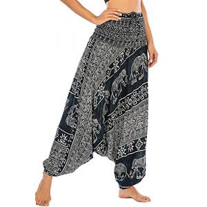 Nuofengkudu Femme Hippie Sarouel Combinaison Pantalon Jumpsuit Taille Haute Large Boheme Fleuri Imprimé Leger Grande Thai Yoga Pants Coloré Ete Plage(S-Éléphant Noir,Taille Unique) (better Life, neuf)