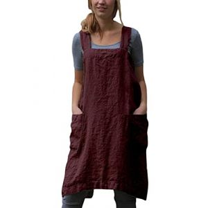 ORANDESIGNE Tablier &agrave; Bavette en Lin Robe Mi-Longue Femmes sans Manches Couleur Unie Crois&eacute; Licou Tablier Mini Robes L&acirc;che Longue Chemise D&eacute;bardeurs avec Poches Tabliers B Vin Rouge L (ORANNER EU, neuf)