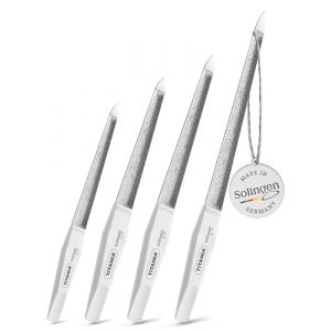 TITANIA® Solingen Lot de 4 limes à ongles saphir doublement courbées (12/15/17/20 cm) – Limes professionnelles avec manche blanc – S’adapte à la forme naturelle de l’ongle – Pour manucure et pédicure (TITANIA Shop, neuf)