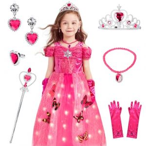 JONRRYIN Robe Princesse Fille LED, Robe Cendrillon Fille avec Ensemble Collier Couronne, Deguisement Princesse Cendrillon pour Fille 4-12 Ans Carnaval Anniversaire Fêtes Cosplay (Rose, (110-120)) (ROBERTDREAM ETRADE, neuf)