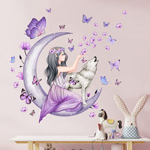 ZWEBY Sticker Mural Fille fée Papillon Violet Fleurs Décalques muraux DIY Moon Wolf Stickers muraux Pétales Floraux en Chute Décoration Murale Amovible et imperméable pour Chambre d'enfant Fille (DUDUONOA15, neuf)
