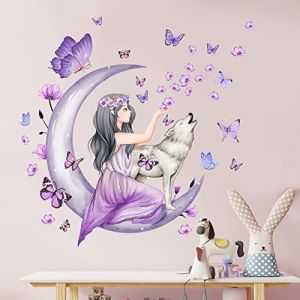 ZWEBY Sticker Mural Fille fée Papillon Violet Fleurs Décalques muraux DIY Moon Wolf Stickers muraux Pétales Floraux en Chute Décoration Murale Amovible et imperméable pour Chambre d'enfant Fille (RuiYIwa, neuf)