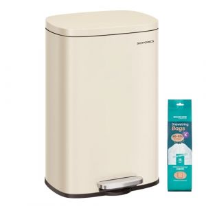 SONGMICS Poubelle Cuisine 50 L, Poubelle Bureau, Fermeture en Douceur, avec P&eacute;dale, en Acier, Seau Int&eacute;rieur, Beige Sable LTB050A02 (SONGMICS HOME FR, neuf)