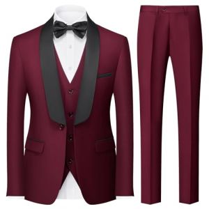 KUDORO Costume Homme 3 Pi&egrave;ces Slim Fit Mariage Business Smoking d'affaires &agrave; Un Bouton pour F&ecirc;te Bal Blazer Veste et Pantalon Gilet(Bordeaux,XL) (KUDORO, neuf)