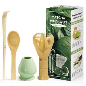4 Pièces Matcha kit ceremonie japonais, Jaune Fouet en Résine Chasen, Cuillère en bambou, pelle en bambou, Porte-Fouet, Coffret matcha pour la cérémonie du thé, la boisson - Bleu céladon (HUAN Shop, neuf)