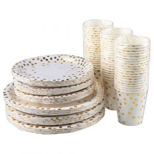 Vikye Service de Vaisselle et de Boissons en Papier Pratique de 180 Pi&egrave;ces avec Assiettes &agrave; Pois Dor&eacute;s pour &eacute;v&eacute;nements : 60 Tasses, 60 Assiettes Plates et &agrave; Dessert (Zhaojou, neuf)