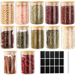 FoiiLiio 12 Bocaux à Épices Ronds en verre 250 ml avec couvercle en Bambou, RéCipient à ÉPices, Ensemble de Pots à ÉPices, Boite a Epices Cuisine Rangement avec Étiquettes Vierges (AVOGERS, neuf)