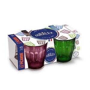 Duralex Lot de 4 verres à boire fabriqués en France Picardie Taille 24 cl Couleurs mélangées : prune, vert, bleu marine, gris (potz-tech, neuf)