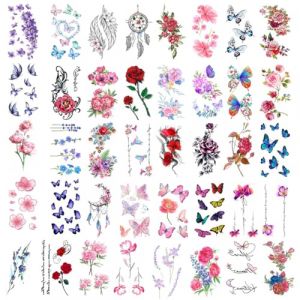 40PCS Coloré Tatouage Ephemere Fleur, Petits Tatouage Autocollants, Feuilles Papillon Fleurs Autocollants Temporaires Tatouage, Corps Art Maquillage Faux Tatouage pour Femmes Filles, Type 2 (Surakey, neuf)