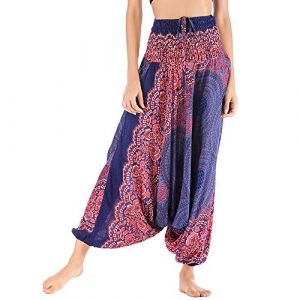Nuofengkudu Femme Hippie Sarouel Combinaison Pantalon Jumpsuit Taille Haute Large Boheme Fleuri Imprimé Leger Grande Thai Yoga Pants Coloré Ete Plage(Bleu Marine Ethnique,Taille Unique) (better Life, neuf)