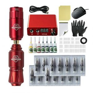 TTOOGO Kit de stylo &agrave; tatouage sans fil - kit de machine &agrave; tatouage rotatif complet avec mini stylo &agrave; fus&eacute;e, batterie sans fil, alimentation, 20 cartouches, encre 7 couleurs,Rouge (TTOOGO-fr, neuf)