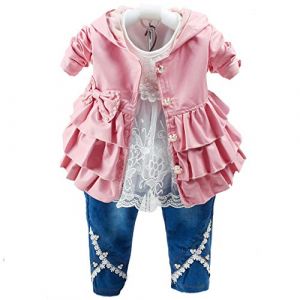 Peacolate Printemps automne b&eacute;b&eacute; filles ensemble de v&ecirc;tements 3 pi&egrave;ces t-shirt &agrave; manches longues veste en cuir et jean (3-4A, rose) (LittleWish, neuf)