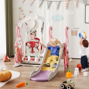 Toboggan pour Enfant 4 en 1,Glissière pour L'apparence du Lapin,Ensemble Balançoire et Toboggan pour Enfants,avec Balançoire,Glissière,Support de Basket - Ball, Rose (VISTA SHOP ST S.R.L., neuf)